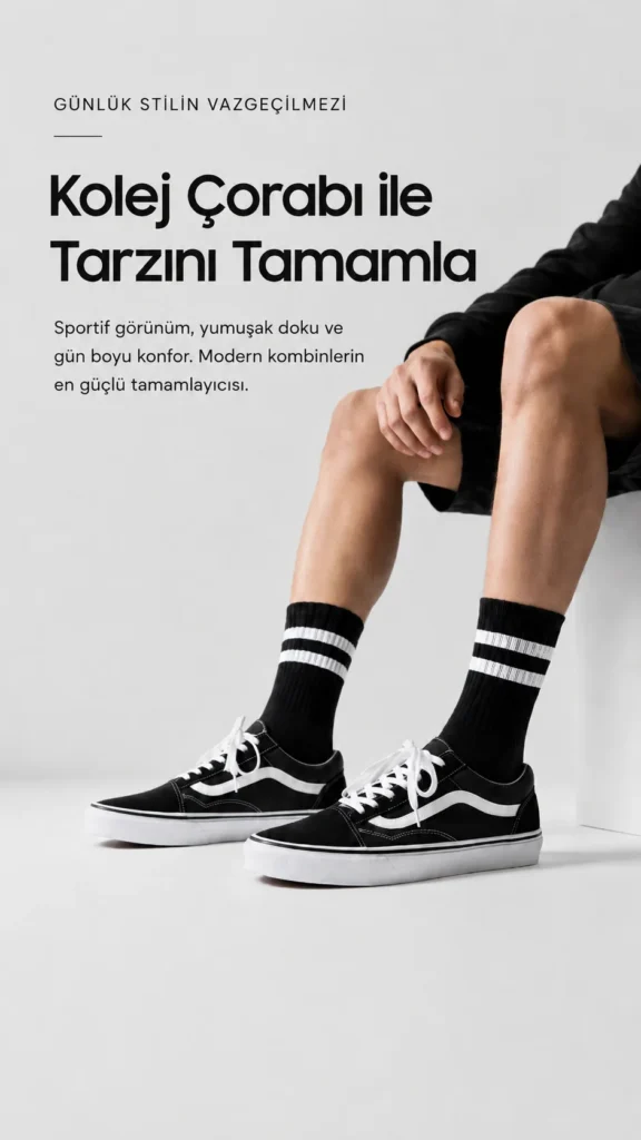 Siyah çift çizgili kolej çorabı giyen modelin beyaz stüdyo arka planında sneaker ile oluşturduğu sportif günlük kombin.