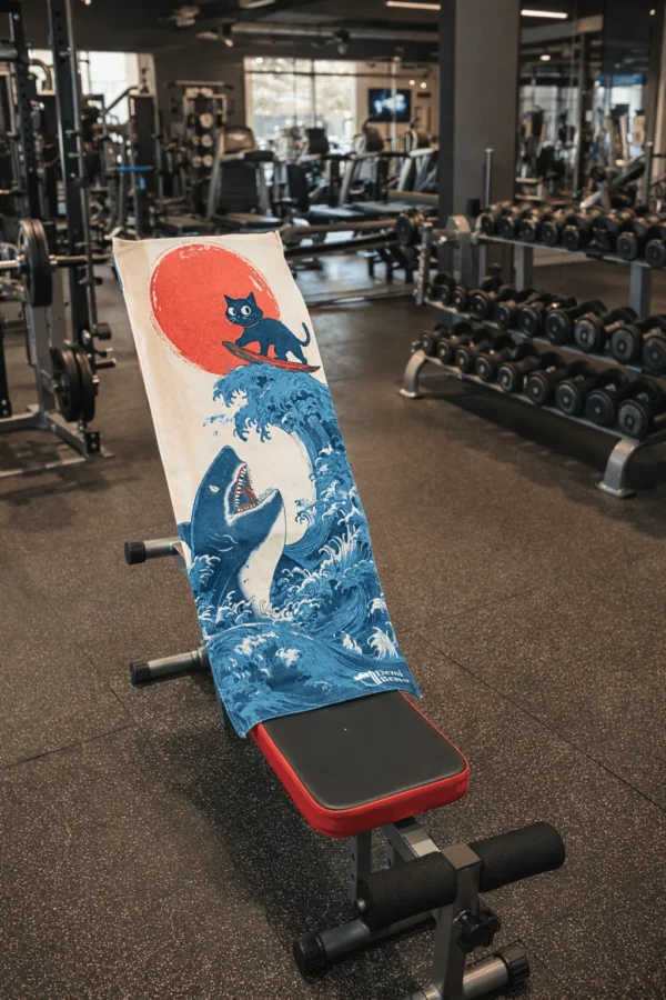 Surfer Cat spor havlusu spor salonunda bench sehpası üzerinde kullanılan fitness havlusu ve antrenman havlusu tasarımı. Spor havlusu gym ekipmanlarında hijyen sağlar ve ağırlık antrenmanlarında konforlu kullanım sunar.