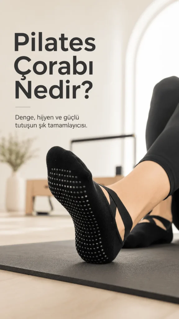 Siyah kaymaz tabanlı pilates çorabı giyen bir kişinin pilates matı üzerinde egzersiz pozisyonunda gösterildiği premium görsel; pilates çorabı nedir konulu blog yazısı için denge, hijyen ve güçlü tutuş avantajlarını vurgular.