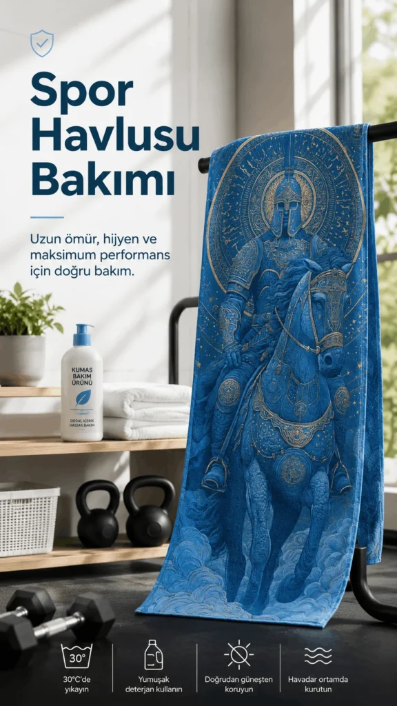 Spor havlusu bakımı için Uzun ömürlü ve hijyenik kullanım için yıkama ipuçları ile Demi Bravo havlu.