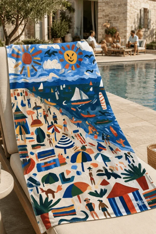 Summer Calling sahil desenli plaj havlusu, taş avlulu havuz kenarındaki ahşap şezlonga serili halde