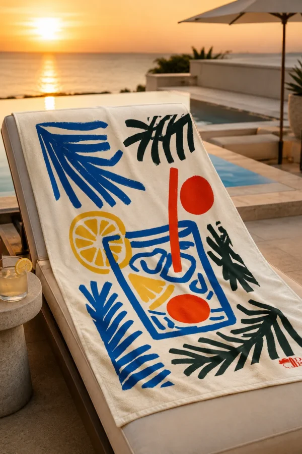 Summer Cocktail tropikal desenli plaj havlusu, gün batımında havuz kenarındaki şezlonga serili halde