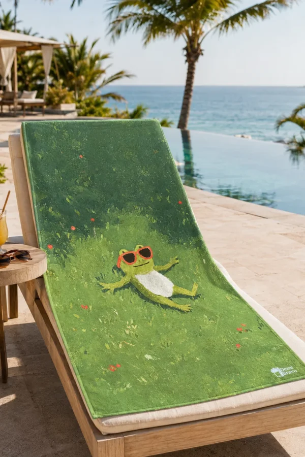 Chill Frog Plaj Havlusu, havuz kenarındaki şezlong üzerinde; yeşil zeminde kırmızı güneş gözlüklü sevimli kurbağa deseniyle sergileniyor.