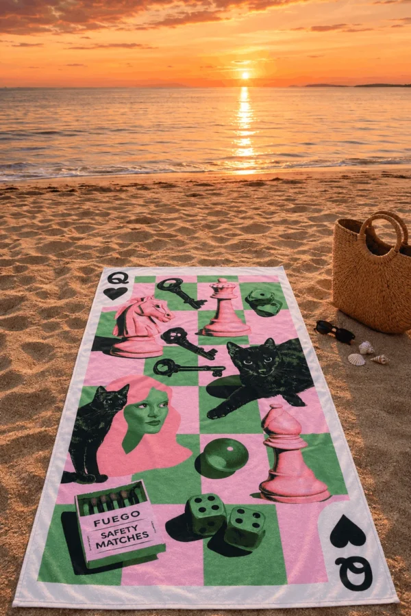 Pop Art Chess Plaj Havlusu, pembe ve yeşil dama zemin üzerindeki satranç taşları, anahtarlar, zarlar ve siyah kedilerden oluşan deseniyle gün batımında kumsala serili.