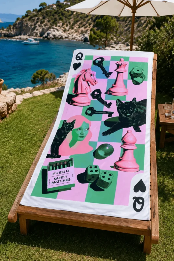 Pop Art Chess Plaj Havlusu, pembe satranç taşları, siyah kediler ve yeşil zar desenleriyle deniz manzaralı bahçedeki ahşap şezlong üzerine serilmiş.