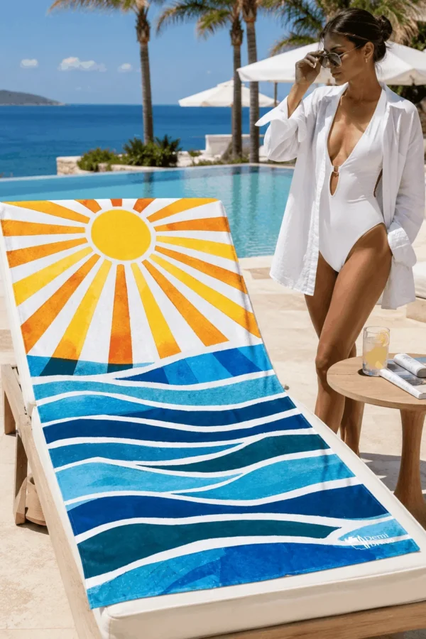 Sun Plaj Havlusu, sarı güneş ışınları ve mavi dalga desenleriyle deniz manzaralı havuz kenarındaki şezlong üzerine serilmiş.